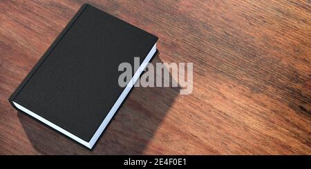 Buch leerer Deckel auf Holztisch Hintergrund. Geschlossene schwarze Buchvorlage, Platz zum Kopieren. 3d-Illustration Stockfoto