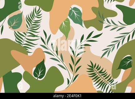 Blumenmuster mit Blättern. Abstrakt Frühling Natur nahtlose Hintergrund. Blüht Ziergarten mit Blots und verschiedenen Blättern. Stock Vektor