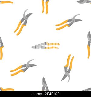 Nahtloses Muster mit Cartoon Gartenschere, Schere auf weißem Hintergrund. Gartenwerkzeug. Vektorgrafik für jedes Design. Stock Vektor