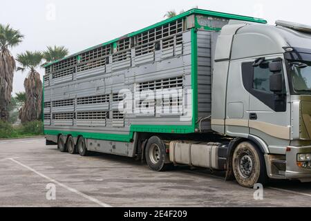 Käfigwagen für den Transport von Nutztieren. Stockfoto
