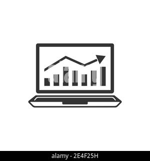 Das Symbol des Laptops auf dem Bildschirm, von dem ein Diagramm oder Diagramm gezeichnet wird. Sinkende und steigende Preise, Börse. Stock Vektor