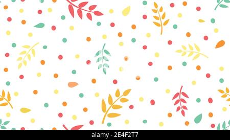 Blumenmuster mit Blättern und Punkten im minimalistischen Kinderstil. Abstrakt nahtlose festliche Hintergrund. Blüht Ziergarten mit Polka Punkt Ornamenten Stock Vektor