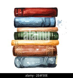 Hoher Stapel von alten Büchern, Aquarell handgezeichnete Illustration isoliert auf weißem Hintergrund Stockfoto