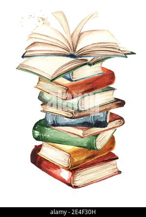 Hoher Stapel von alten Büchern, Aquarell von Hand gezeichnete Illustration, isoliert auf weißem Hintergrund Stockfoto