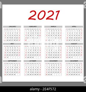 2021 Kalenderplaner. Firmenwoche. Vorlagenlayout, 12 Monate jährlich, weißer Hintergrund. Einfaches Design für Business-Broschüre, Flyer, Printmedien Stock Vektor