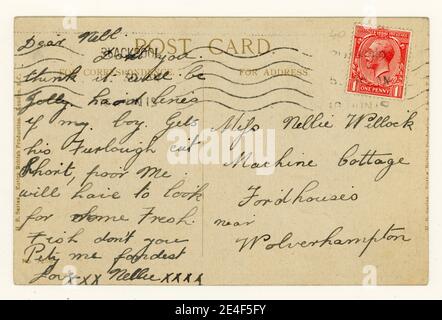 Rückseite der ursprünglichen Postkarte aus der Zeit des 1. Weltkriegs, roter 1d (ein Pfennig) King George V. Stempel, datiert / gepostet am 16. Juni 1919 aus Birmingham, Großbritannien Stockfoto