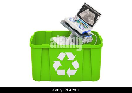 Recycling-Papierkorb mit Ultraschall-Diagnosegerät, 3D-Rendering Stockfoto