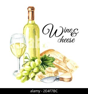 Flasche und Glas Weißwein, Trauben und Parmesan. Handgezeichnete Aquarellillustration, isoliert auf weißem Hintergrund Stockfoto