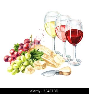 Gläser Weißwein mit Trauben und Parmesankäse. Handgezeichnete Aquarellillustration, isoliert auf weißem Hintergrund Stockfoto