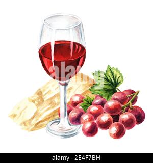 Ein Glas Rotwein, Trauben und Parmesankäse. Handgezeichnete Aquarellillustration, isoliert auf weißem Hintergrund Stockfoto