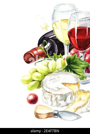 Camembert, Weißschimmel Italienisch, Französisch Käse mit Trauben, Gläser und eine Flasche Wein. Handgezeichnete Aquarellillustration, isoliert auf weißem Hintergrund Stockfoto