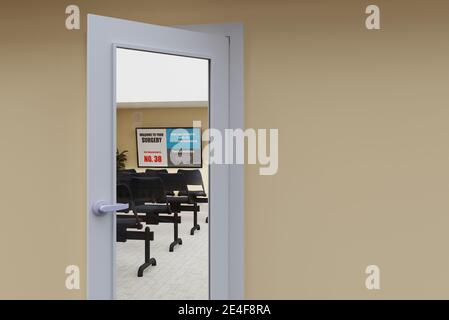 Innenraum leer Arzt Chirurgie Warteraum mit Covid-Impfung auf dem Bildschirm. 3D-Rendering Stockfoto