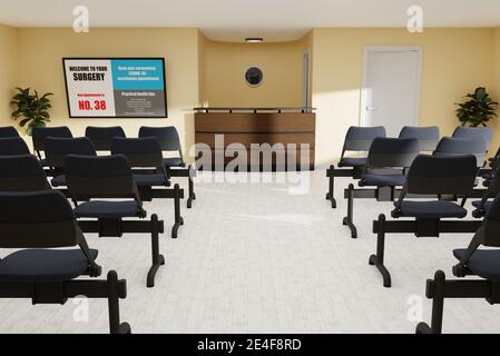 Innenraum leer Arzt Chirurgie Warteraum mit Covid-Impfung auf dem Bildschirm. 3D-Rendering Stockfoto