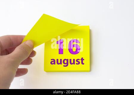 August. Tag 16 des Monats, Kalenderdatum. Die Hand reißt das gelbe Blatt des Kalenders ab. Sommer Monat, Tag des Jahres Konzept Stockfoto