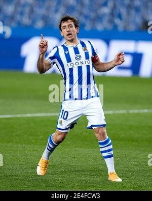 San Sebastian, Spanien. Januar 2021, 23. Mikel Oyarzabal von Real Sociedad CF reagiert während des La Liga-Spiels zwischen Real Sociedad CF und Real Betis Balompie in der reale Arena. Kredit: Ion Alcoba/Capturasport/Alamy Live Nachrichten Stockfoto