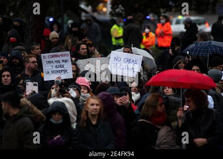 Madrid, Spanien. Januar 2021. Menschen protestieren während einer Demonstration gegen die von der Regierung verhängten Beschränkungen zur Einhalt der Ausbreitung des Coronavirus (COVID-19). Coronavirus-Skeptiker gingen viele von ihnen auf die Straße, ohne die obligatorische Gesichtsmaske als Zeichen des Protests zu tragen. Quelle: Marcos del Mazo/Alamy Live News Stockfoto