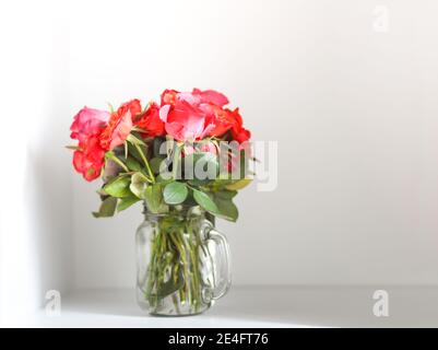 Bouquet von rosa Rosen in transparenter Vase auf weißem Hintergrund Stockfoto