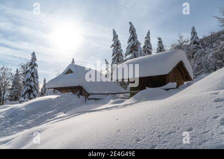 Velika Planina, Slowenien - Januar 9 2021 - romantische schöne Holzhütte, bedeckt mit frischem und glitzerndem Schnee auf einer Alm mit Bäumen Stockfoto