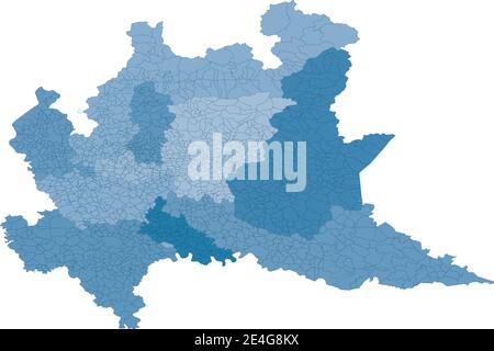 Lombardei Karte, Aufteilung nach Provinzen und Gemeinden. Geschlossene und perfekt bearbeitbare Polygone, Polygonfüllungen und Farbpfade können nach dem Willen bearbeitet werden. Ebenen. Stock Vektor