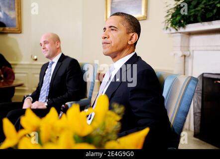 US-Präsident Barack Obama trifft sich am 2. November 2009 im Oval Office mit dem schwedischen Premierminister Fredrik Reinfeldt im Weißen Haus in Washington, DC, USA. Foto von Olivier Douliery/ABACAPRESS.COM Stockfoto