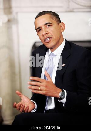 US-Präsident Barack Obama trifft sich am 2. November 2009 im Oval Office mit dem schwedischen Premierminister Fredrik Reinfeldt im Weißen Haus in Washington, DC, USA. Foto von Olivier Douliery/ABACAPRESS.COM Stockfoto