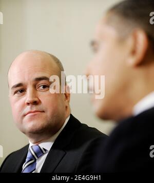 US-Präsident Barack Obama trifft sich am 2. November 2009 im Oval Office mit dem schwedischen Premierminister Fredrik Reinfeldt im Weißen Haus in Washington, DC, USA. Foto von Olivier Douliery/ABACAPRESS.COM Stockfoto