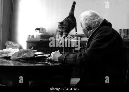 Ausschlussf. Maurice Arnoult le doyen des Justes photographie a Paris, France le 6 Novembre 2009. Maurice Arnoult, ne le 23 juin 1908, a Bagneaux sur Loing en seine-et-Marne, pres de Nemours. Chevalier de la Legion d honneur, Juste des Nations, Medaille de vermeil de la ville de Paris. Installe depuis 1937 dans son Atelier de la rue de Belleville, il etait l un des derniers bottiers de Belleville, quartier qui fut, jusque dans les annees 70, un Centre important de Fabrication de la chaussure de luxe parisienne. Il transmettait, jusque l age 99 ans, son savoir-faire a des eleves de nationalites et Stockfoto