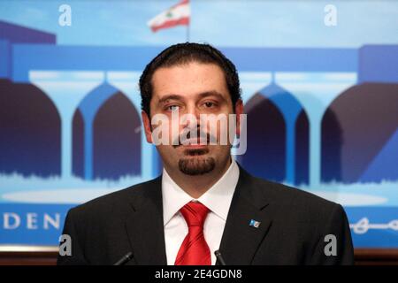 Der neue libanesische Ministerpräsident Saad Hariri stellt seine Regierung am 9. November 2009 in Beirut, Libanon, vor, fünf Monate nachdem seine Koalition die Parlamentswahlen im Juni 2009 gewonnen hat. Foto von Balkis Press/ABACAPRESS.COM Stockfoto