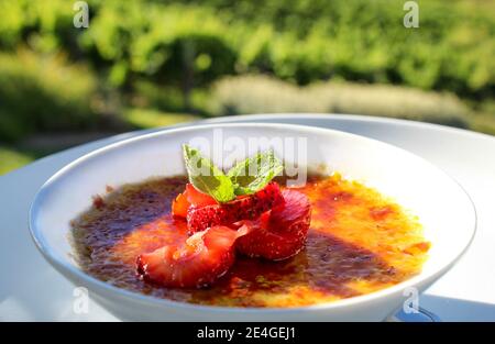 crème brûlée gekrönt mit Erdbeeren und Minzblättern in einer weißen Schale, vor einer wunderschönen Weinbergskulisse Stockfoto