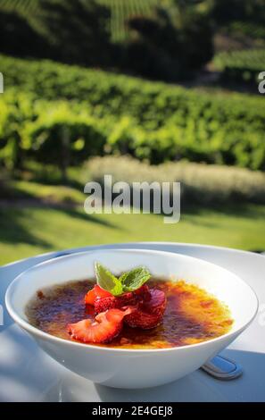 crème brûlée gekrönt mit Erdbeeren und Minzblättern in einer weißen Schale, vor einer wunderschönen Weinbergskulisse Stockfoto