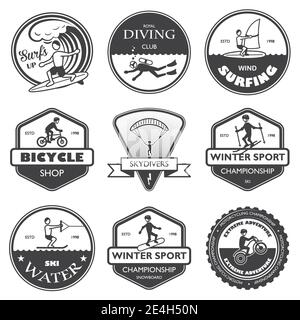 Urlaub Reise Extremsport Labels set von Rafting Cross Country Klettern und Snowboard Vektor Illustration Stock Vektor