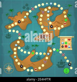 Piraten Schatz Insel Karte Spiel Puzzle Vorlage Vektor Illustration. Stock Vektor