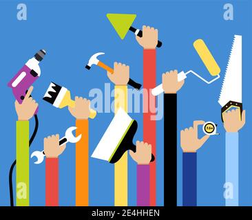 Hände mit Hausreparatur diy Renovierung Hausarbeit Werkzeuge flachen Vektor Abbildung Stock Vektor