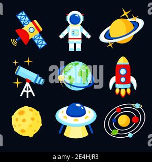 Raum und Astronomie Symbole Set von Erde Rakete Mond Astronaut Isolierte Vektordarstellung Stock Vektor