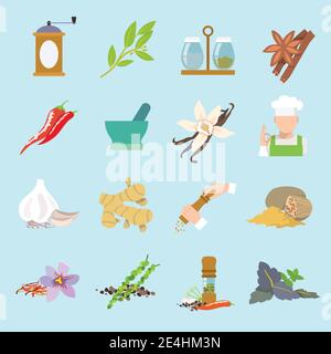 Kräuter und Gewürze flache Symbole Satz von Ingwer Chili Pfeffer Knoblauch isoliert Vektor-Illustration. Stock Vektor