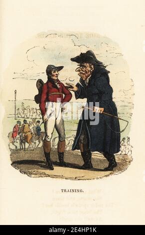 Ein Pferdebesitzer spricht mit seinem Jockey bei den Ascot Races der Jockey trägt eine Mütze, eine rote Jacke, Hosen und Stiefel und hat seinen Sattel auf dem Rücken. Schulung. Handkolorierter Holzstich nach einer Illustration von Thomas Rowlandson aus W. H. Harrisons The Humorist, A Companion for the Christmas Fireside, Rudolph Ackermann, 19 Strand, London, 1831. Stockfoto