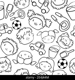 Doodle Kids Gesichter Muster schwarz-weiß Vektor-illustration Stock Vektor