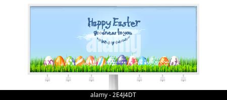 Frohe Ostern Gruß Banner. Plakatwand mit Muster aus bemalten Eiern in grünem Gras auf blauem Himmel Hintergrund. Vektor-3d-Illustration Stock Vektor