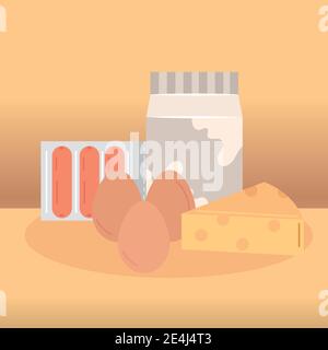 Frühstück Käse Eier Würstchen und Milch-Box-Design, Essen Mahlzeit und frische Thema Vektor-Illustration Stock Vektor