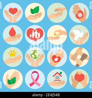 Charity Spende sozialen Dienstleistungen und ehrenamtliche Symbole mit Händen gesetzt Isolierte Vektordarstellung Stock Vektor