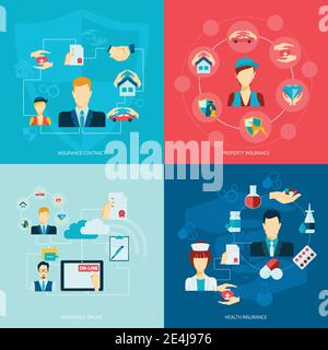 Versicherung Wohnung Symbole mit Vertrag Eigenschaft online Gesundheitswesen Symbole isoliert Vektor-Illustration. Stock Vektor