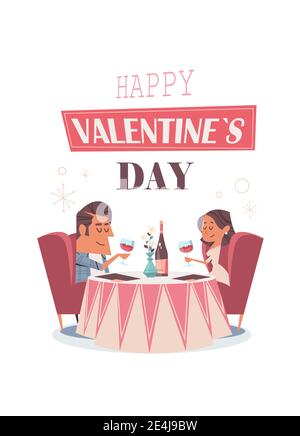 Paar in der Liebe sitzen am Café Tisch Freundin und Freund Trinken Wein auf Datum Valentinstag Feier Konzept Grußkarte Einladungsposter in voller Länge vertikale Vektor-Illustration Stock Vektor