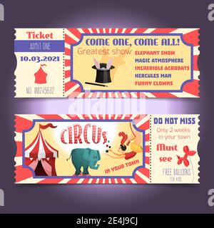 Circus retro Tickets mit Tieren Akrobaten Zauberhut isoliert Vektor Abbildung Stock Vektor