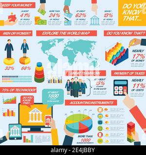 Buchhaltungs-Infografiken mit Finanzgeld-Charts und Weltkarte gesetzt vektorgrafik Stock Vektor