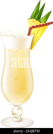 Pina colada realistischer Cocktail im Glas mit Ananasscheibe und Trinkhalm isoliert auf weißem Hintergrund Vektor-Illustration Stock Vektor