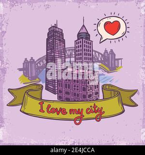 Skizze Liebe meine Stadt Stadt dekorativen Hintergrund mit modernen Büro Gebäude und Brückenvektordarstellung Stock Vektor