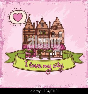 Skizze Liebe meine Stadt Stadt dekorativen Hintergrund mit Altstadt Vektorgrafik Cafe-Gebäude Stock Vektor
