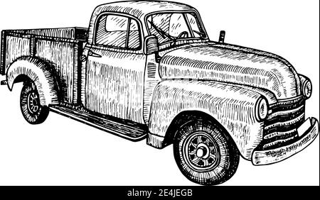 Hand gezeichnet vintage retro Oldtimer Auto Pickup, Doodle Skizze Grafiken monochrome Vektor-Tracing Illustration auf weißem Hintergrund Stock Vektor