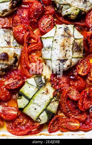 Zucchini Ravioli gefüllt mit Spinat und Feta-Käse auf gegrilltem Tomaten auf dem Teller Stockfoto