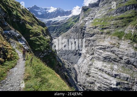 Ein Wanderer auf dem Alpenweg entlang des Unteren Grindelwaldgletschers, bei Grindelwald, im Berner Oberland, Schweiz Stockfoto